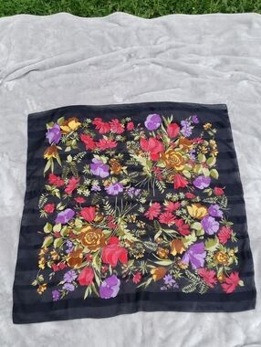Floral Print Black Women's Scarf with Multicolor Blooms
